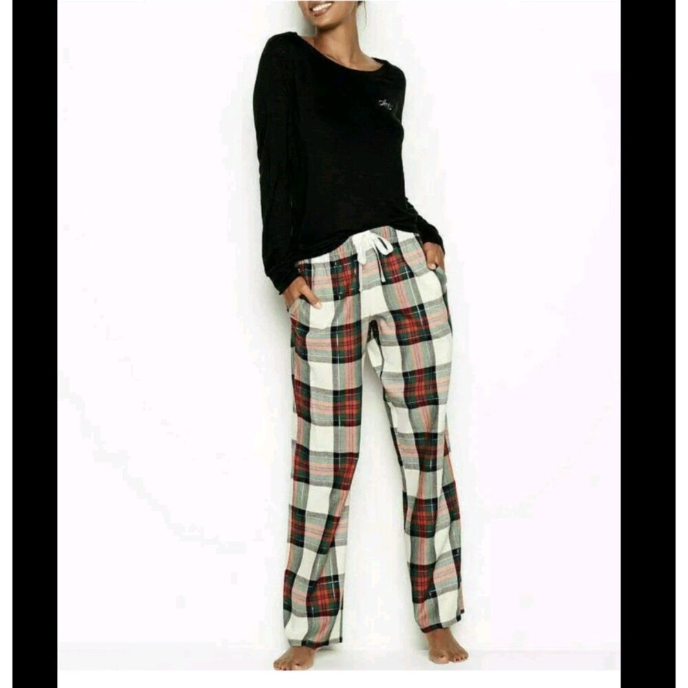 Women's Victoria's Secret The Lounger PJ Set 2 Piece Black Red Plaid Medium New